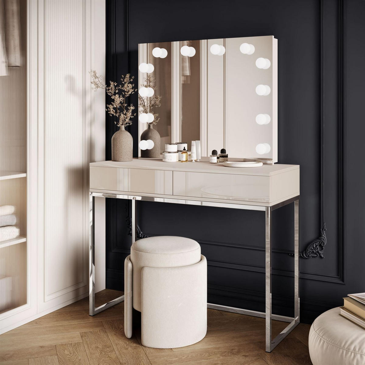 SCHMINKTISCH BLANCO KASCHMIR ELITE mit Spiegel und Beleuchtung silberner Chrom PUSH OPEN - Kaschmir, Holzwerkstoff (100/81/42cm) - Lookway