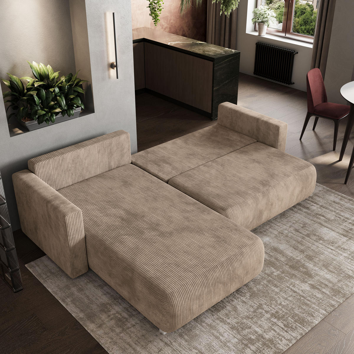 ECKSOFA TURIN P Beige Kordstoff mit Schlaffunktion - Beige/Grau, Holz/Kunststoff (265/183cm) - MASSENO