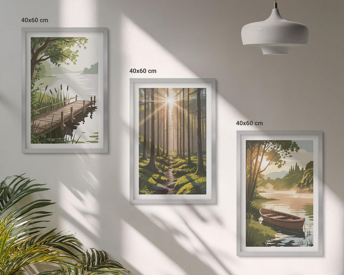 WANDBILDER 3er Set - 40x60 cm Silberner Rahmen - Landschaft aus Wald, See und Boot - Silberfarben, Kunststoff (40/60cm) - ArtPrintCave