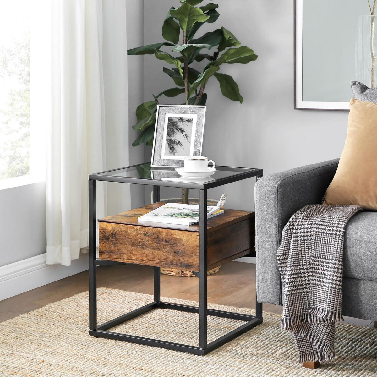 NACHTTISCH Holzoptik Glass Metall Dunkelbraun Schwarz mit Schublade 43x43x54 cm - Dunkelbraun/Schwarz, Glas/Holzwerkstoff (43/54/43cm) - Begryf