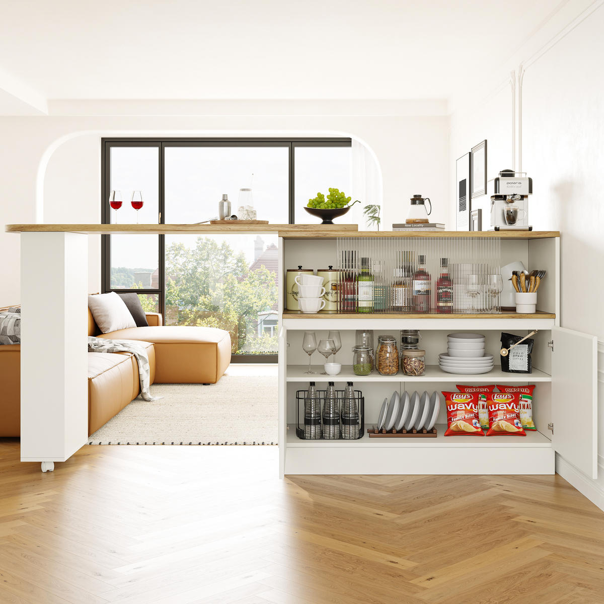 BARTISCH 90/45/100 cm Weiß drehbar 360° mit Glasschiebetür aus MDF - Weiß, Holzwerkstoff (90/45/100cm) - OKWISH