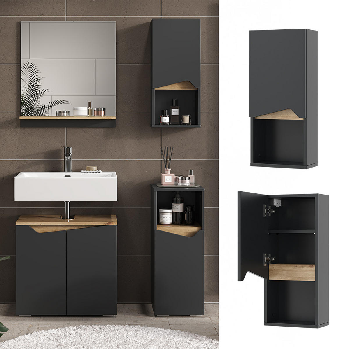 BADSCHRANK Marelle Anthrazit 30 x 67 cm mit Tür und offenem Fach - Anthrazit, Holzwerkstoff (30/67/17cm) - Vicco