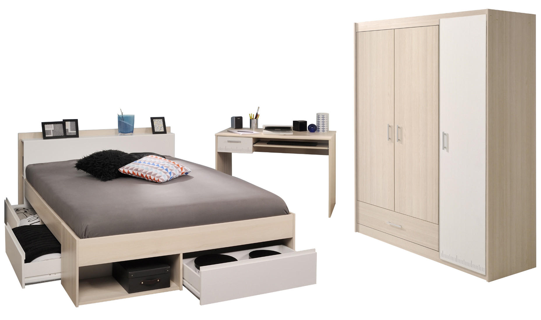 JUGENDZIMMER Set Kleiderschrank Stauraumbett 140cm Schreibtisch - Silberfarben/Weiß, Holz/Holzwerkstoff (140/179/200cm) - Parisot Meuble