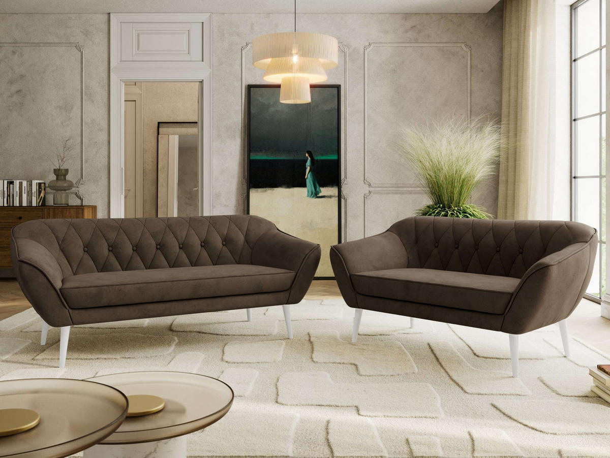 SEDACÍ SOUPRAVA 3+2 PIRS - Hnědá Samet - Bílé nohy - bílá/tmavě hnědá, kompozitní dřevo/textil (180/75/74cm) - MKS