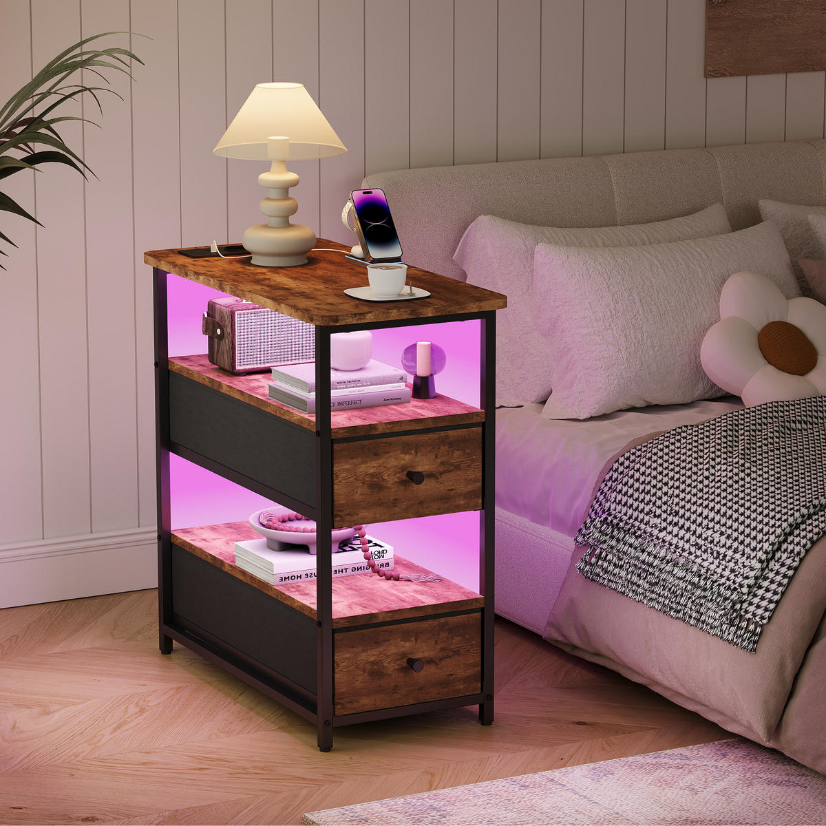 TIGERDESIGN LED-NATTBORD EU USB TYPE-C APPKONTROLL - Brun, Träbaserade material (28/60.5/58cm) - SHOPENTRA
