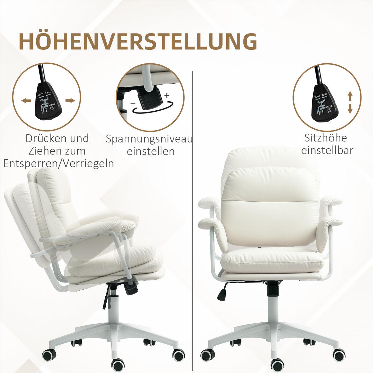 BÜROSTUHL mit Kippfunktion, gepolstert Schreibtischstuhl höhenverstellbar Weiß - Weiß, Holzwerkstoff/Kunststoff (64/98/65cm) - HOMCOM