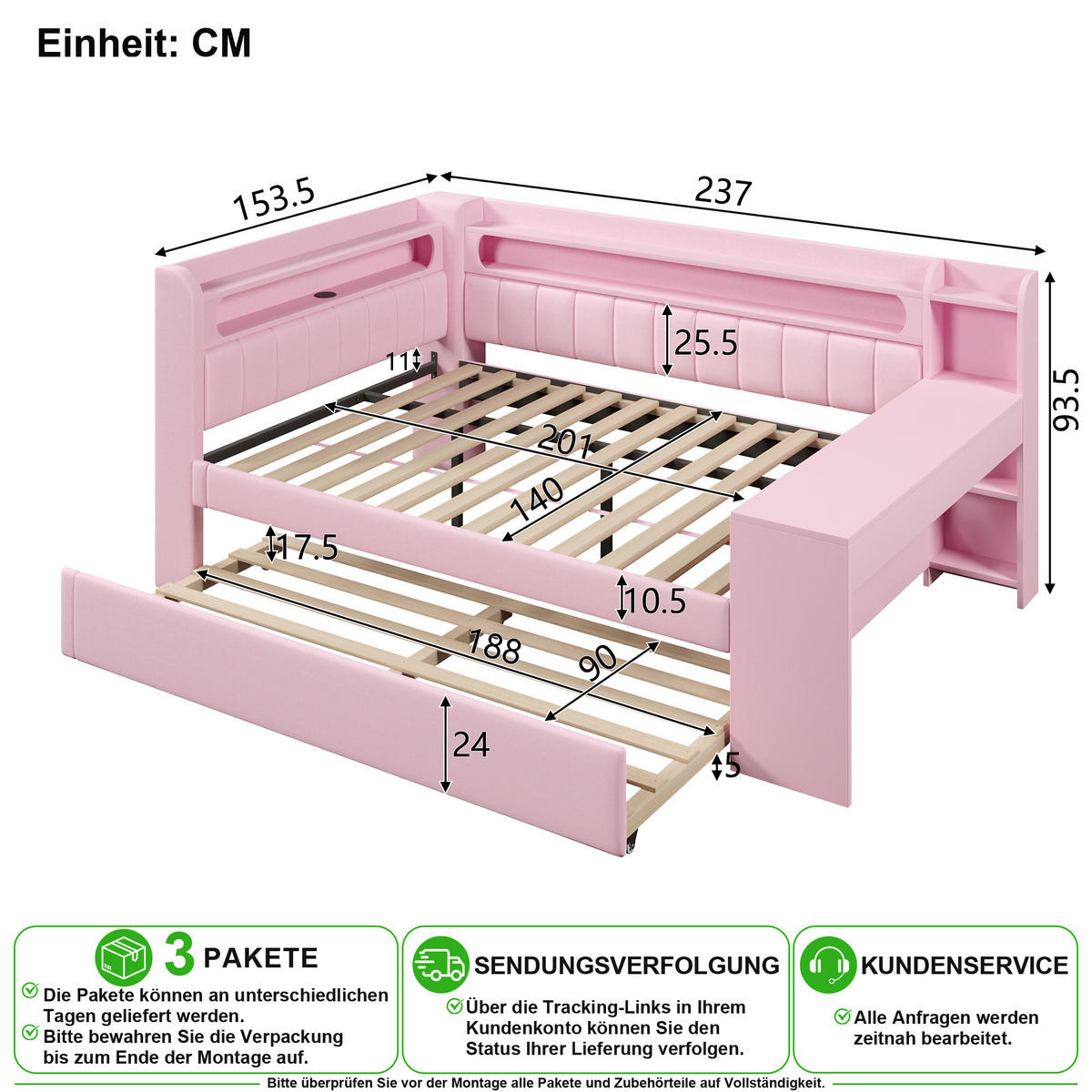 POLSTERBETT 140/200 cm & 90/190 cm in Rosa mit Ausziehbett, USB, LED und Schreibtisch - Rosa, Holzwerkstoff/Textil (140/200cm) - CHICFURN