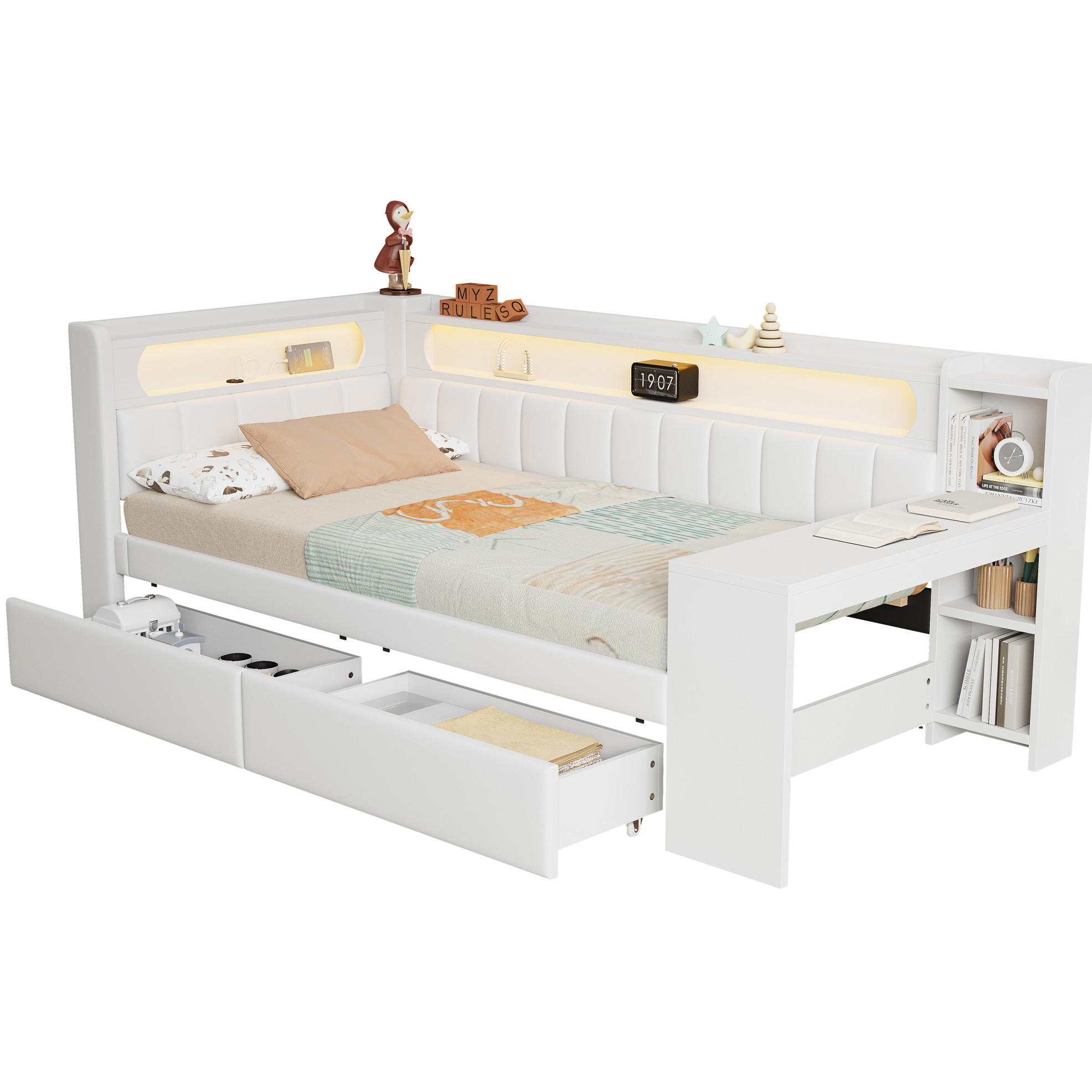 POLSTERBETT 90/200 cm aus MDF und Sperrholz mit Leinenbezug sowie LED USB Schreibtisch und 2 Schubladen Weiß - Weiß, Holzwerkstoff (90/200cm) - Modenvie