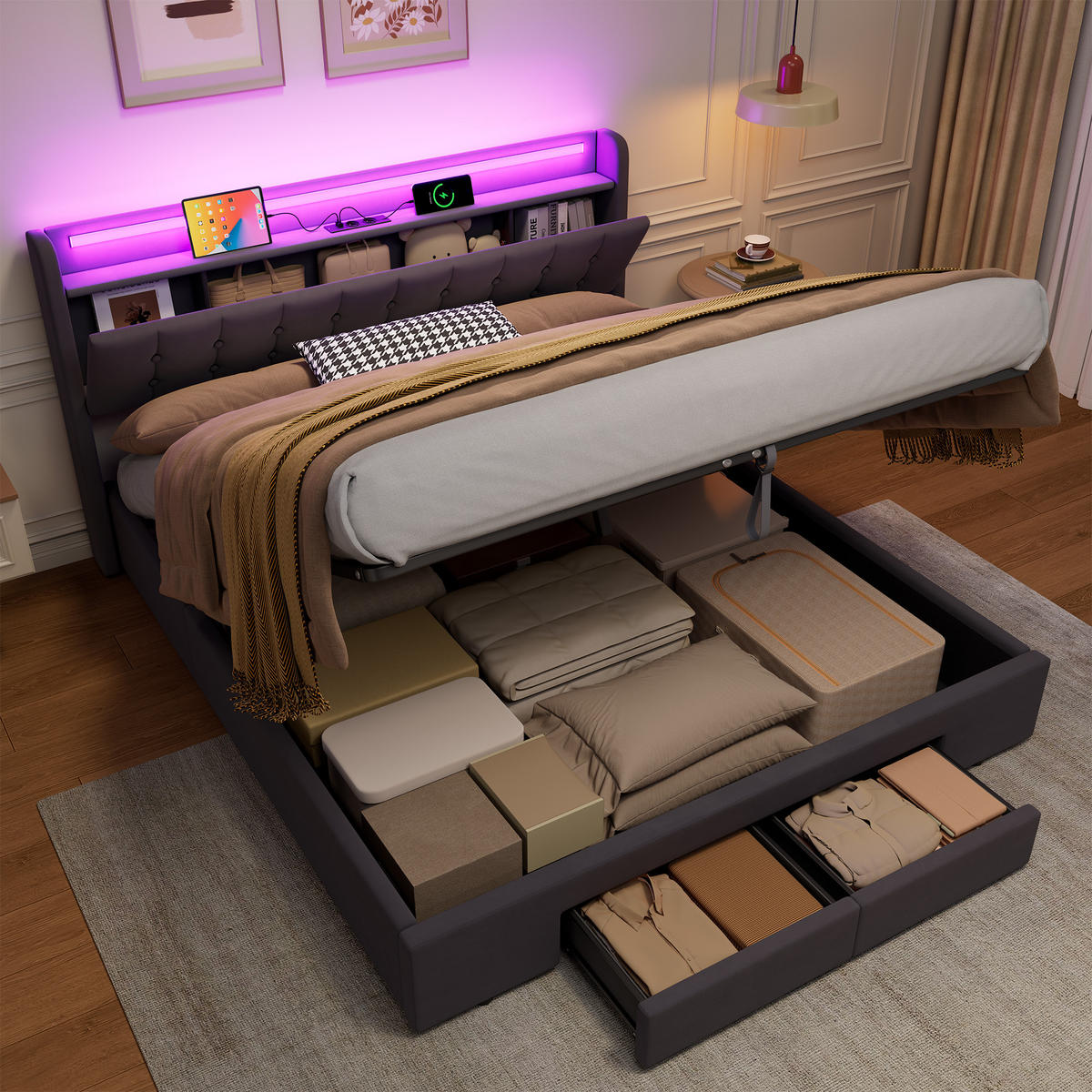 POLSTERBETT 180/200 cm in Grau, mit Matratze, Bettkasten, USB, LED, Stauraum und Schubladen - Grau, Holzwerkstoff/Textil (180/200cm) - WISHDOR