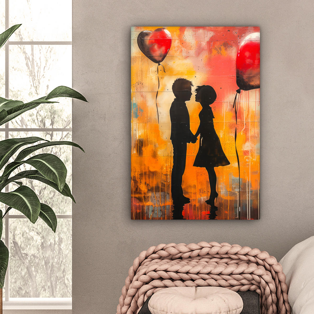 LEINWANDBILD Straßenkunst - Liebe - Graffiti - Kunst - Banksy Wanddeko Schlafzimmer 60x90 cm - Orange, Textil (60/90cm) - MuchoWow