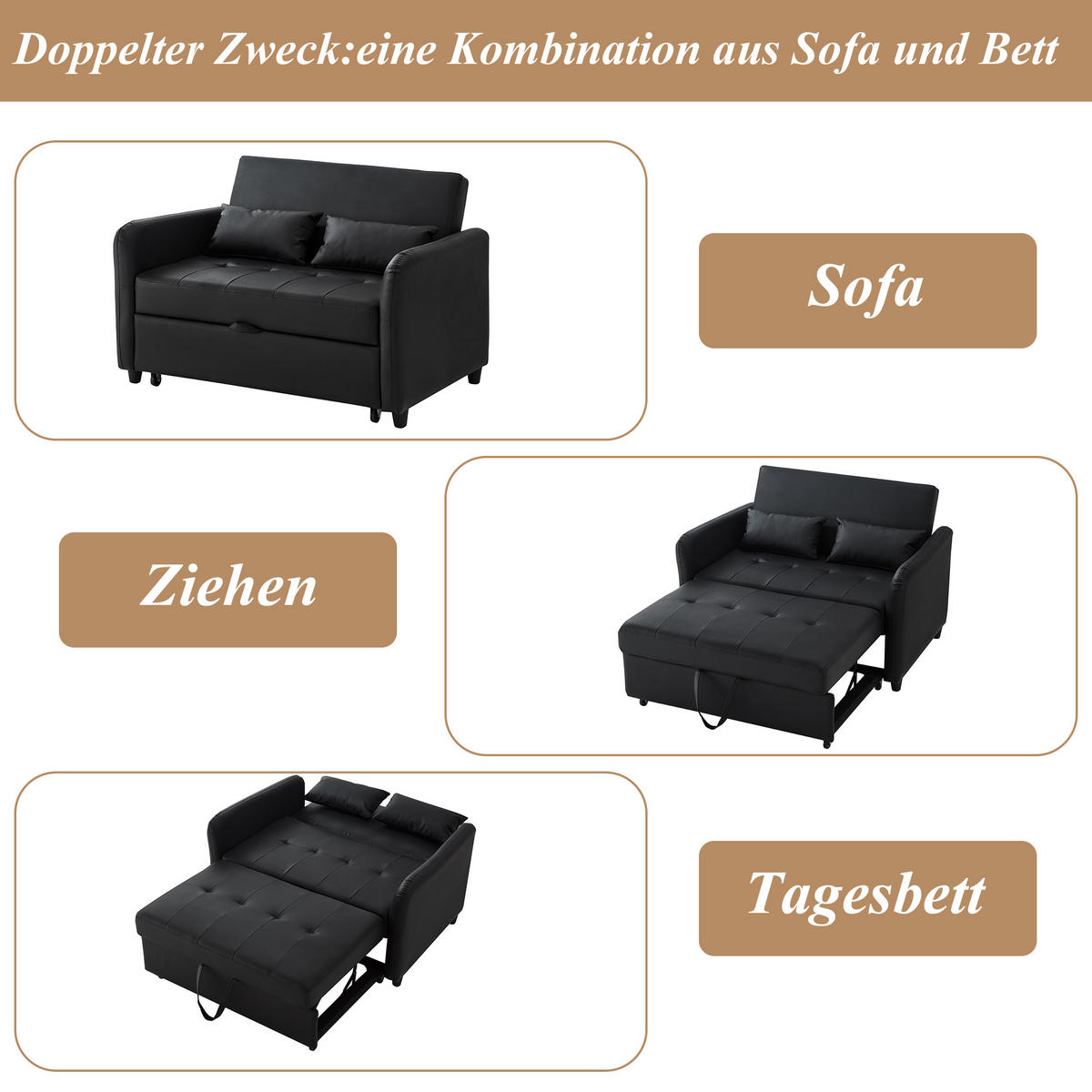 SCHLAFSOFA PU-Bezug wasserabweisend und ausziehbar Antikschwarz 122/83/82 cm - Schwarz, Kunststoff (83/82/122cm) - Redom
