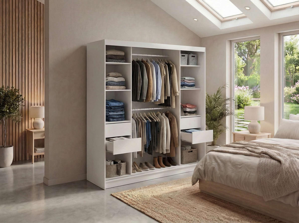 SCHWEBETÜRENSCHRANK mit Spiegel und Schubladen - WALENCJA - 200 - Weiß lacobel - Alufarben/Weiß, Holzwerkstoff/Metall (200/216/61cm) - MKS