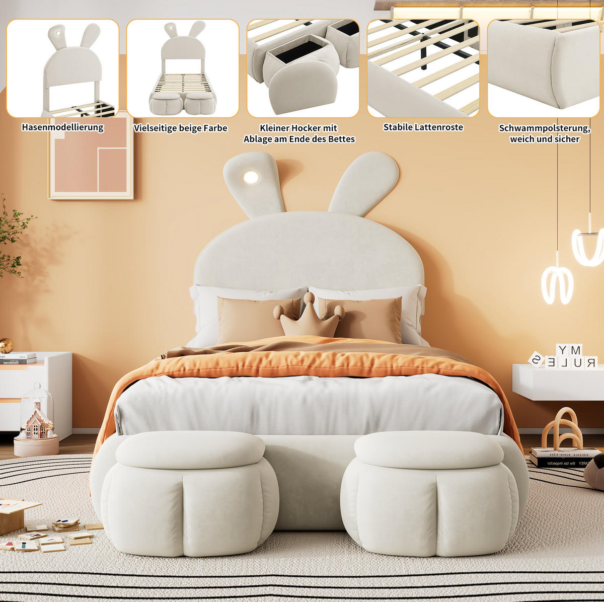 POLSTERBETT mit LED-Beleuchtung 90/200 cm in Beige mit gepolstertem Hasenohren-Kopfteil - Beige, Textil (90/200cm) - BEAOK