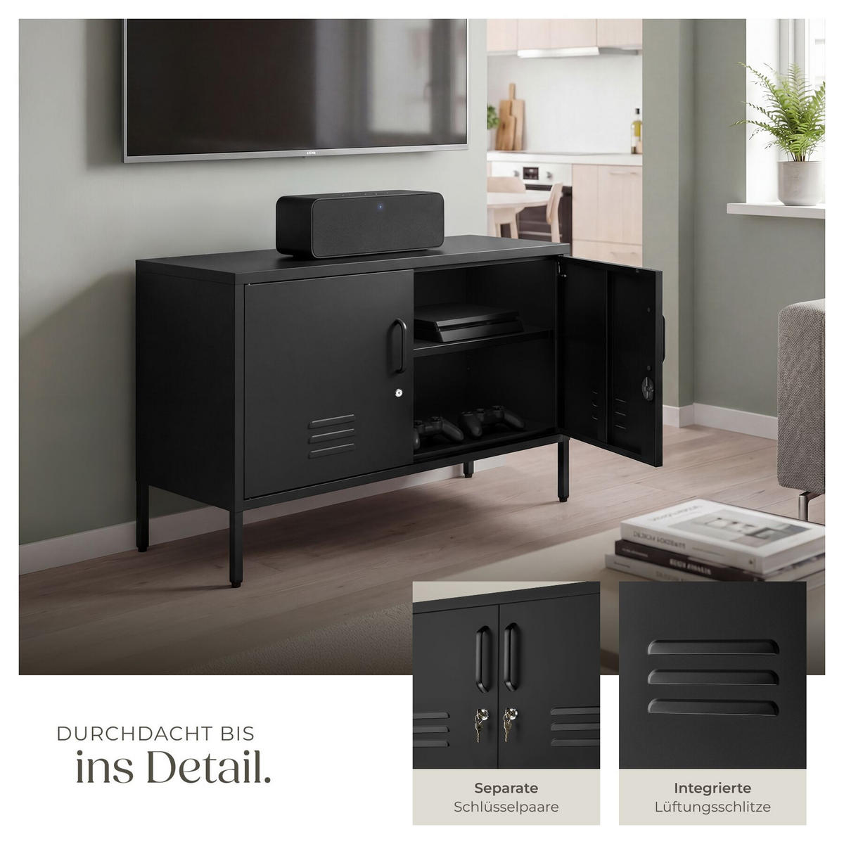 SIDEBOARD Baker, Kippschutz, höhenverstellbare Füße, schwarz - Schwarz, Metall (100/65/42.5cm) - tectake