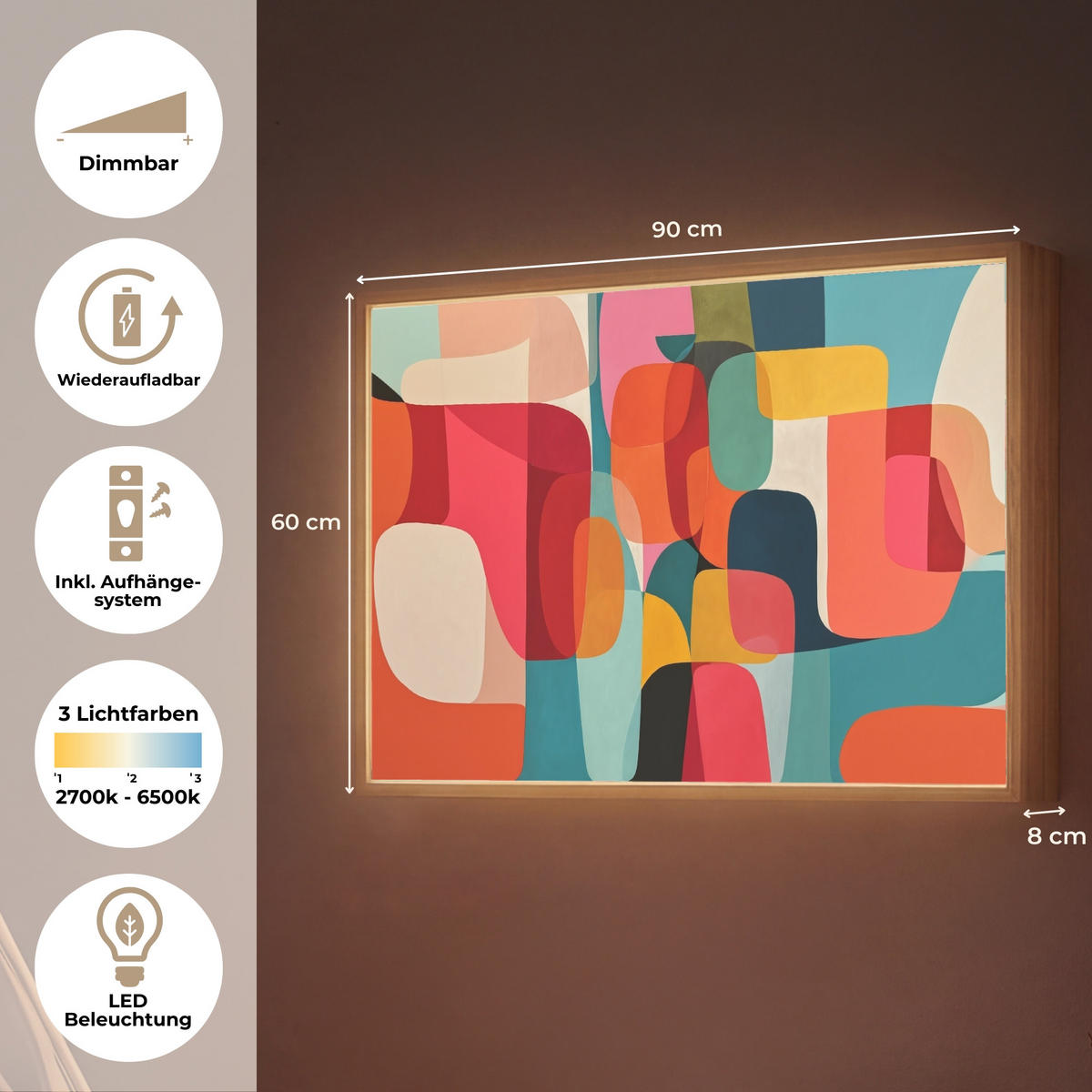 NÁSTĚNNÁ LAMPA S AKUMULÁTOREM Tvary - barevné - abstraktní - letadla 90x60 cm - různobarevná, kompozitní dřevo (90/60/8cm) - OnlyWow