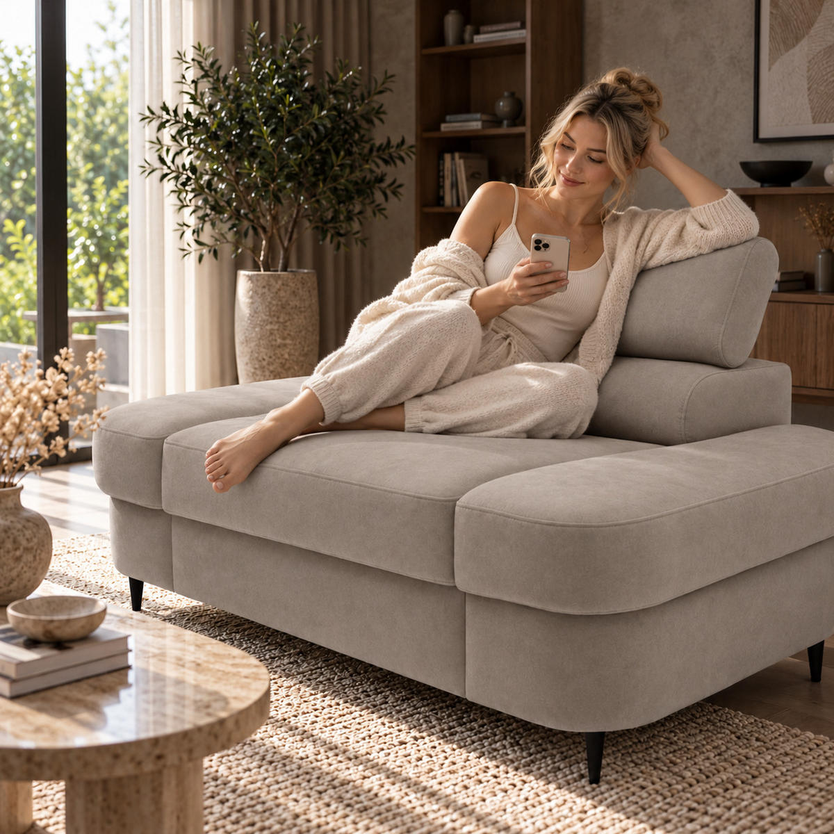 SESSEL PRIAM mit verstellbare Kopfstütze Velours Beige - Beige/Schwarz, Holz/Textil (145/97/105cm) - Muffo