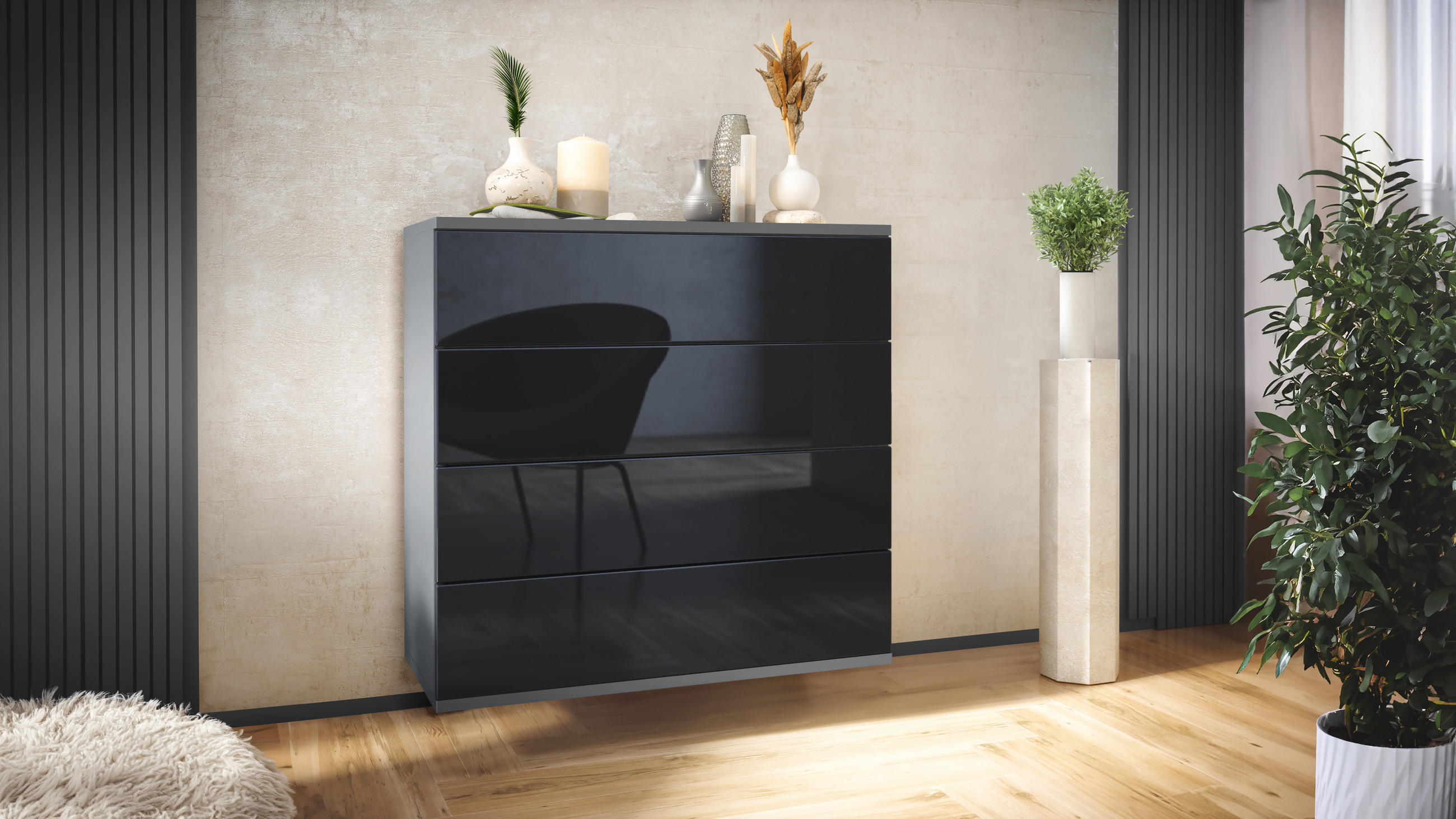 KOMMODE Pavos Schwarz Hochglanz - Schwarz Hochglanz, Holzwerkstoff (76/76/35cm) - Vladon