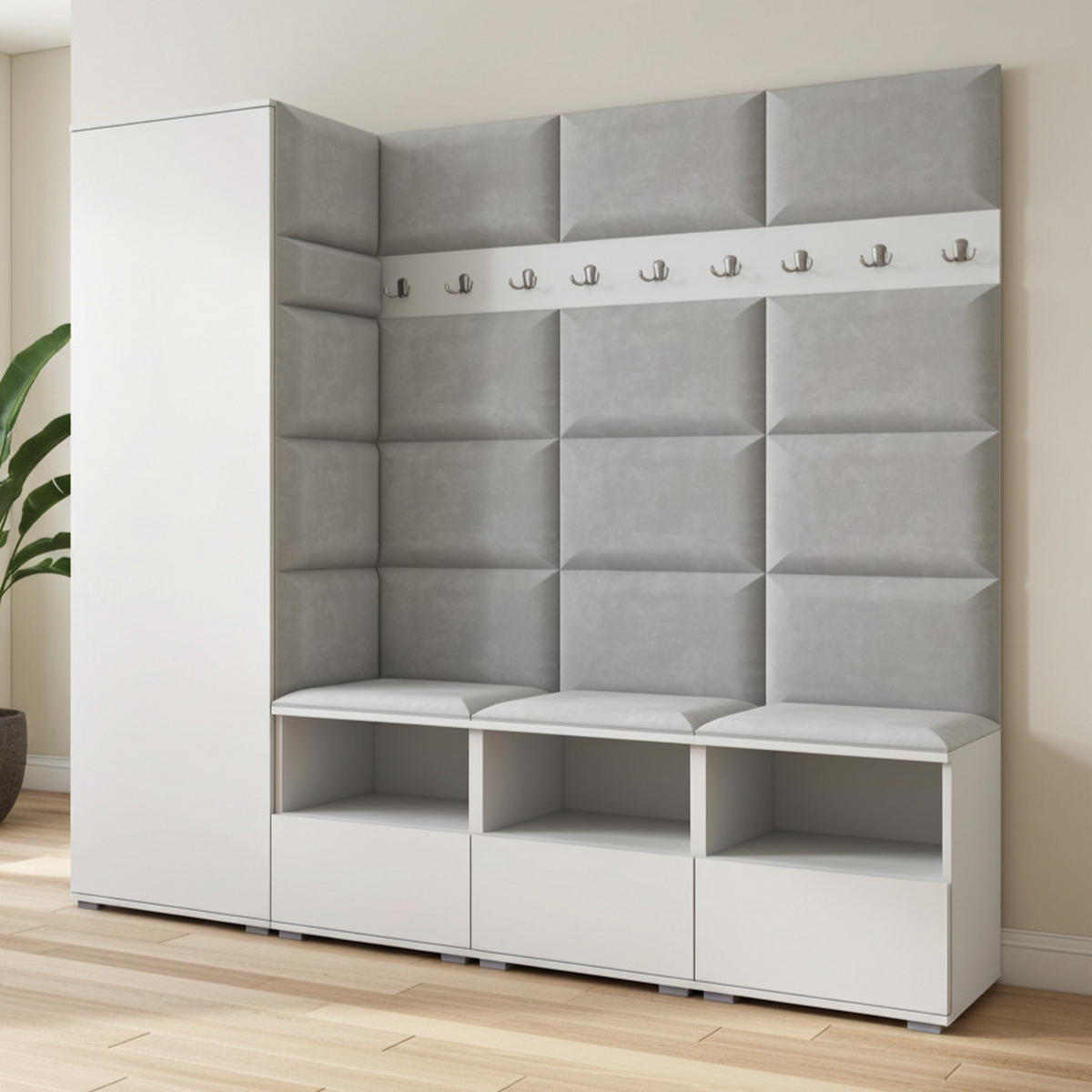 GARDEROBE NELA IX 200 cm (Modulare Flurmöbel Weiß mit Sitzpolster Hellgrau 32 Breite Sitzbank) - Silberfarben/Hellgrau, Holz/Holzwerkstoff (200/187/40cm) - Ravio