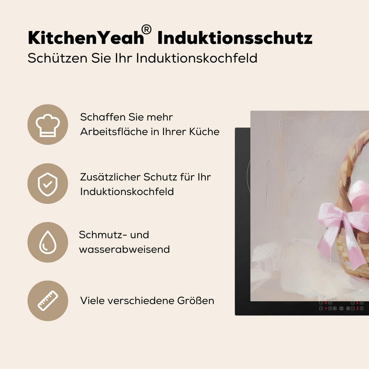 HERDABDECKPLATTE Korb - Eier - Rosa Herdabdeckung Induktionsfeld 70x52 cm - Beige, Kunststoff (70/52/0.2cm) - MuchoWow