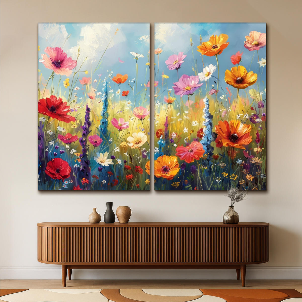 LEINWANDBILD 2er Set Blumen - Frühling - Farbenfroh - Sommerlich 240x180 cm - Orange, Textil (240/180cm) - MuchoWow