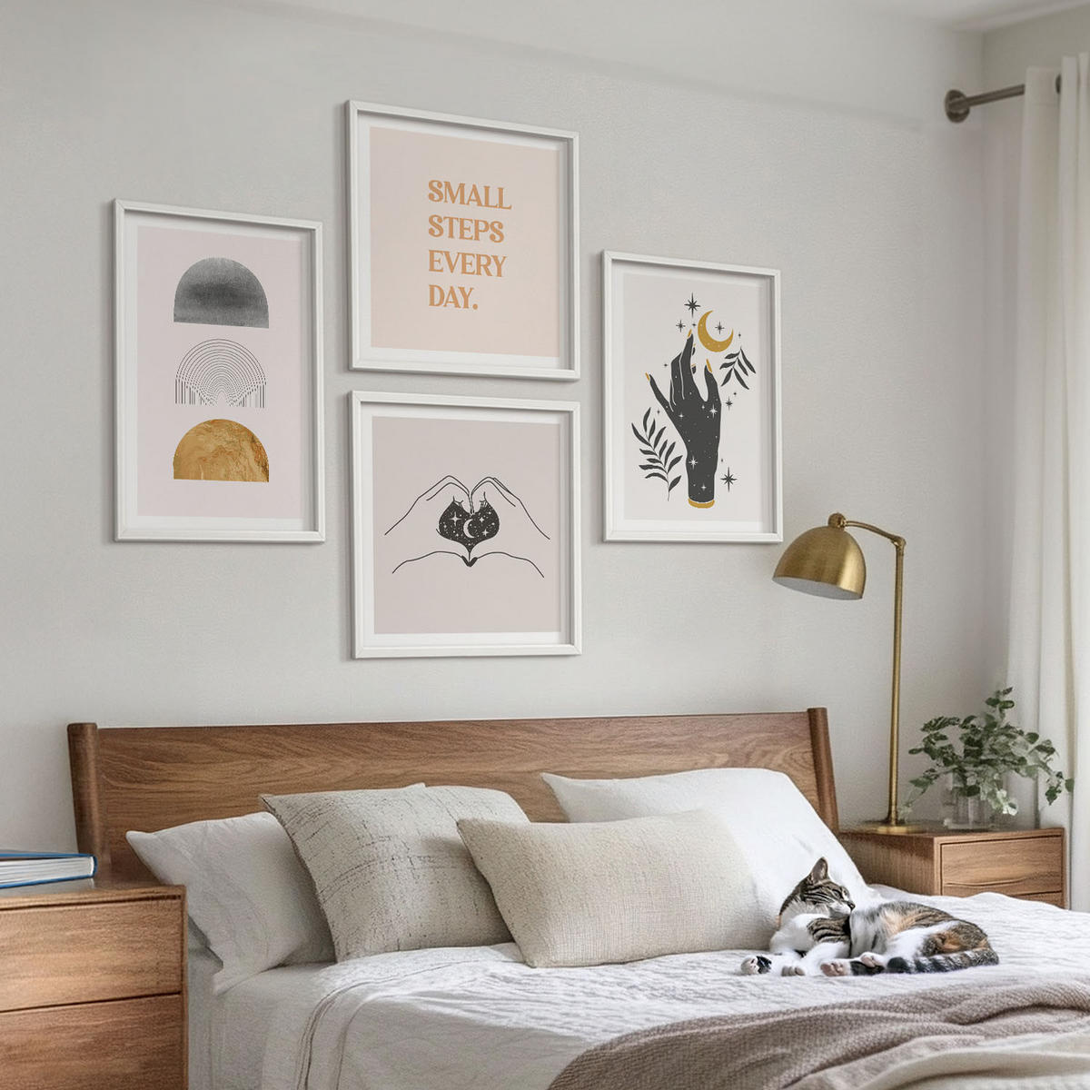 WANDBILDER 4er-Set - 50x50 cm & 40x60 cm Weißer Rahmen - Minimalistische Boho-Illustrationen - Weiß, Kunststoff (50/50cm) - ArtPrintCave