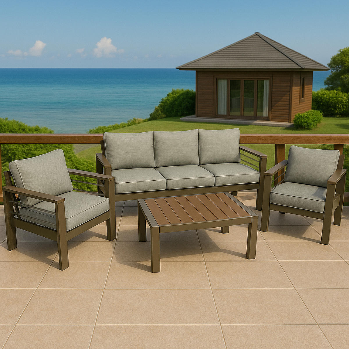 LOUNGE-SET Rochdale - 4-teilig aus gebürstetem Aluminium, Tischplatte und Armlehnen aus Kunstholz naturfarben - Grau, Metall - TPFGarden