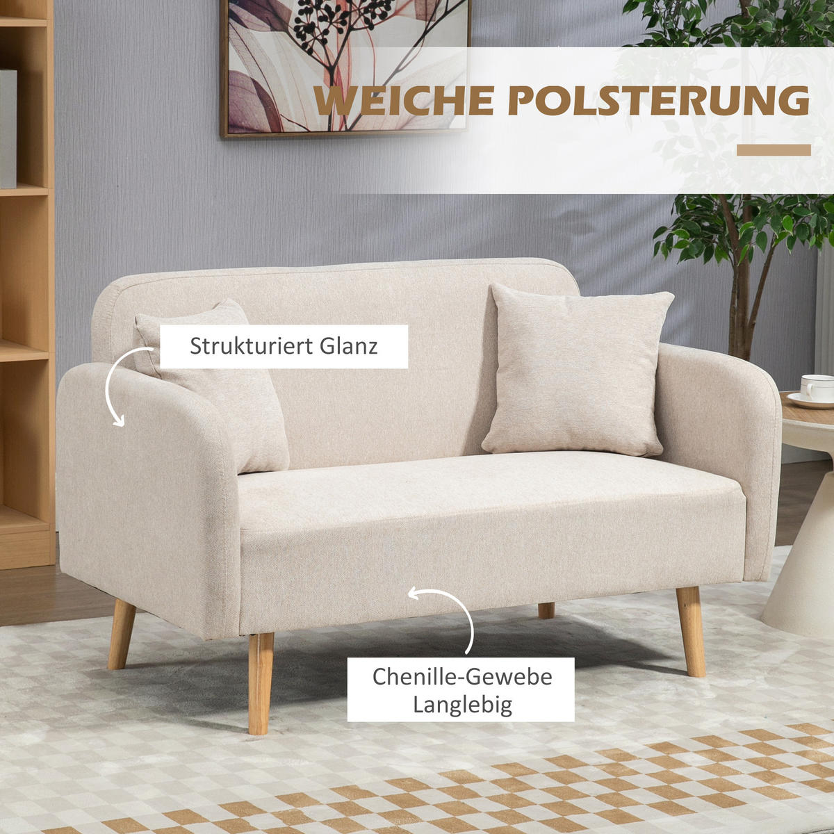 SOFA 2-Sitzer, Gummiholz, Samt Cremeweiß - Creme, Holz (70/80/130cm) - HOMCOM
