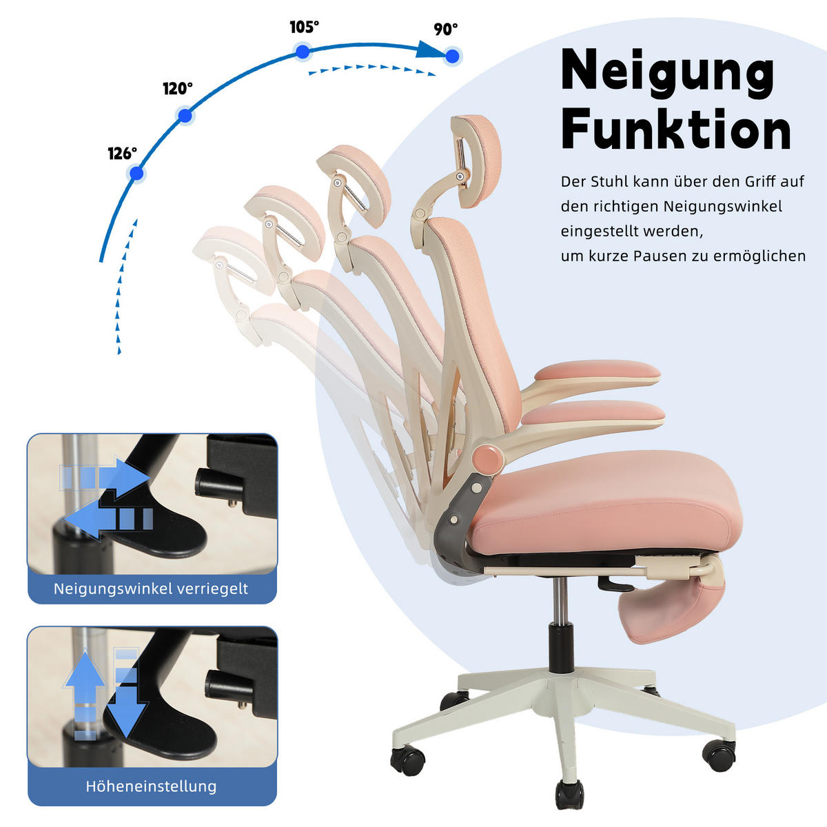 DREHSTUHL DE-40943 mit klappbarer Rückenlehne und 3D-Kopfstütze Rosa - Pink, Metall (62/129/48.5cm) - ComfortXL