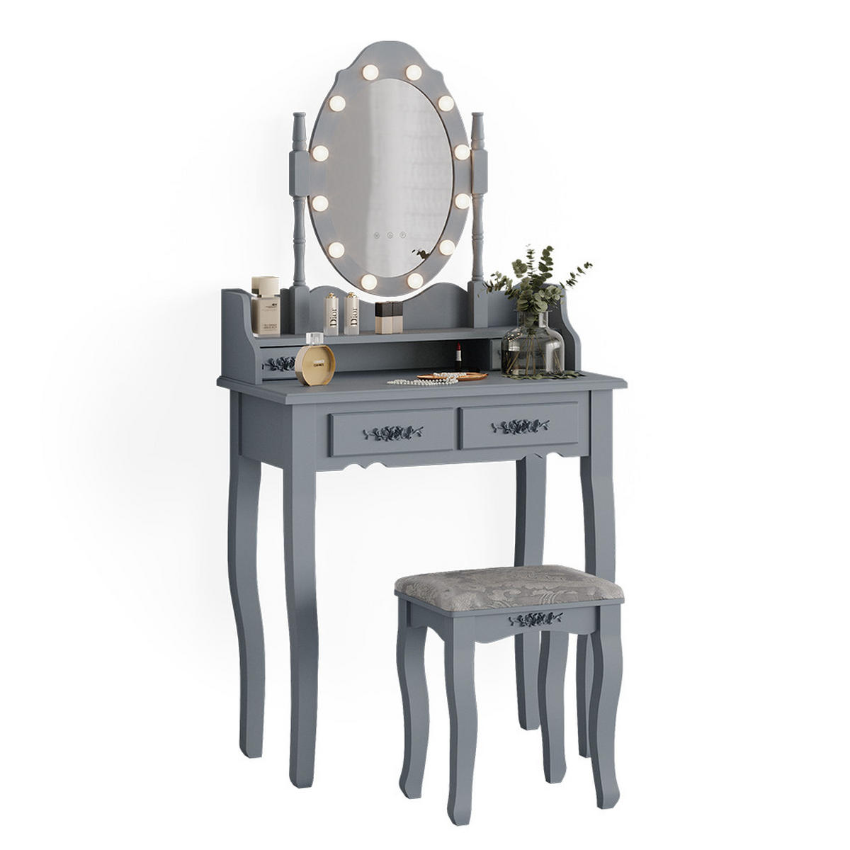 SCHMINKTISCH Maggie Grau 75 cm mit LED Beleuchtung und Hocker - Grau, Holzwerkstoff (75/146.5/40cm) - Vicco