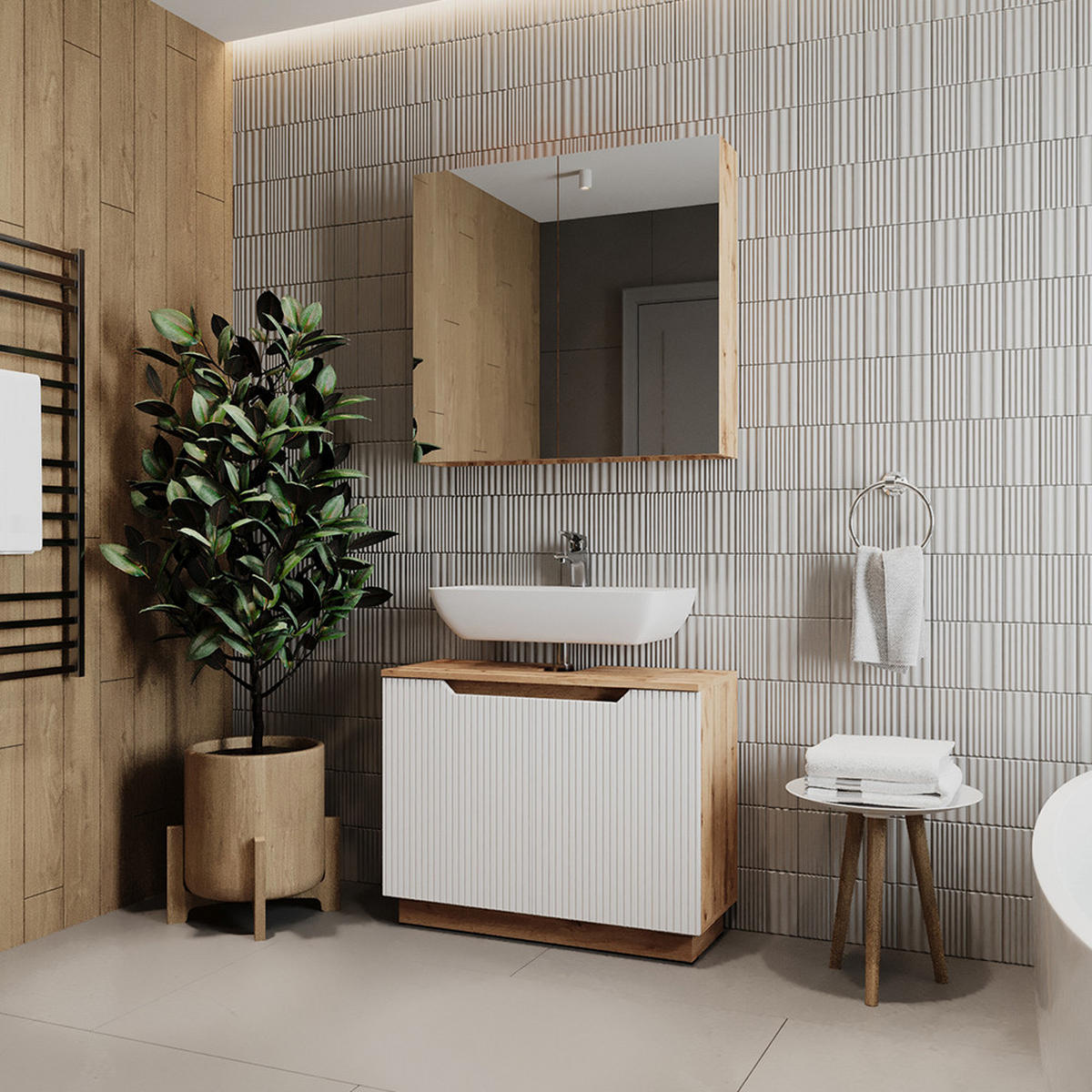 BADMÖBEL-SET Lotta Eiche/weiß gestreift 2 Teile - Eichefarben/Weiß, Holzwerkstoff (79.6/62.1/32cm) - Vicco