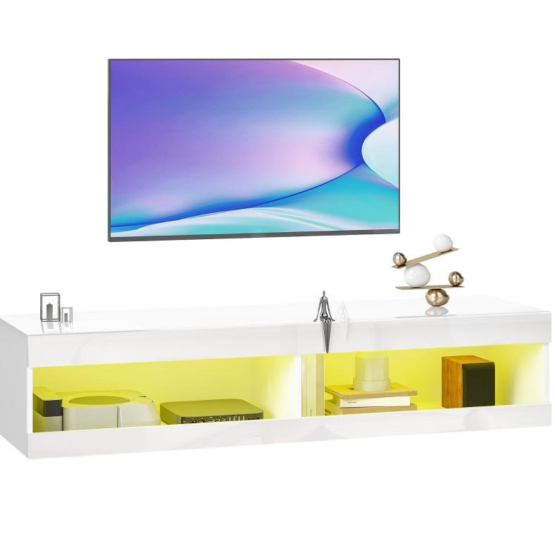 Redom ZÁVĚSNÝ TV stolek 140/40/30 cm s RGB LED osvětlením, otevřenými úložnými prostory a kabelovým vedením, Lesklá bílá