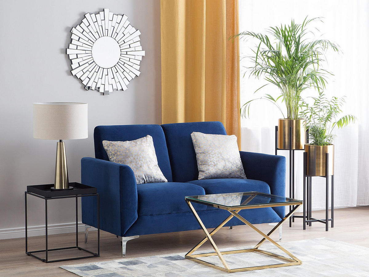2-SITZER-SOFA Samtstoff Marineblau Fenes - Hellblau, Textil (142/90/75cm) - Beliani