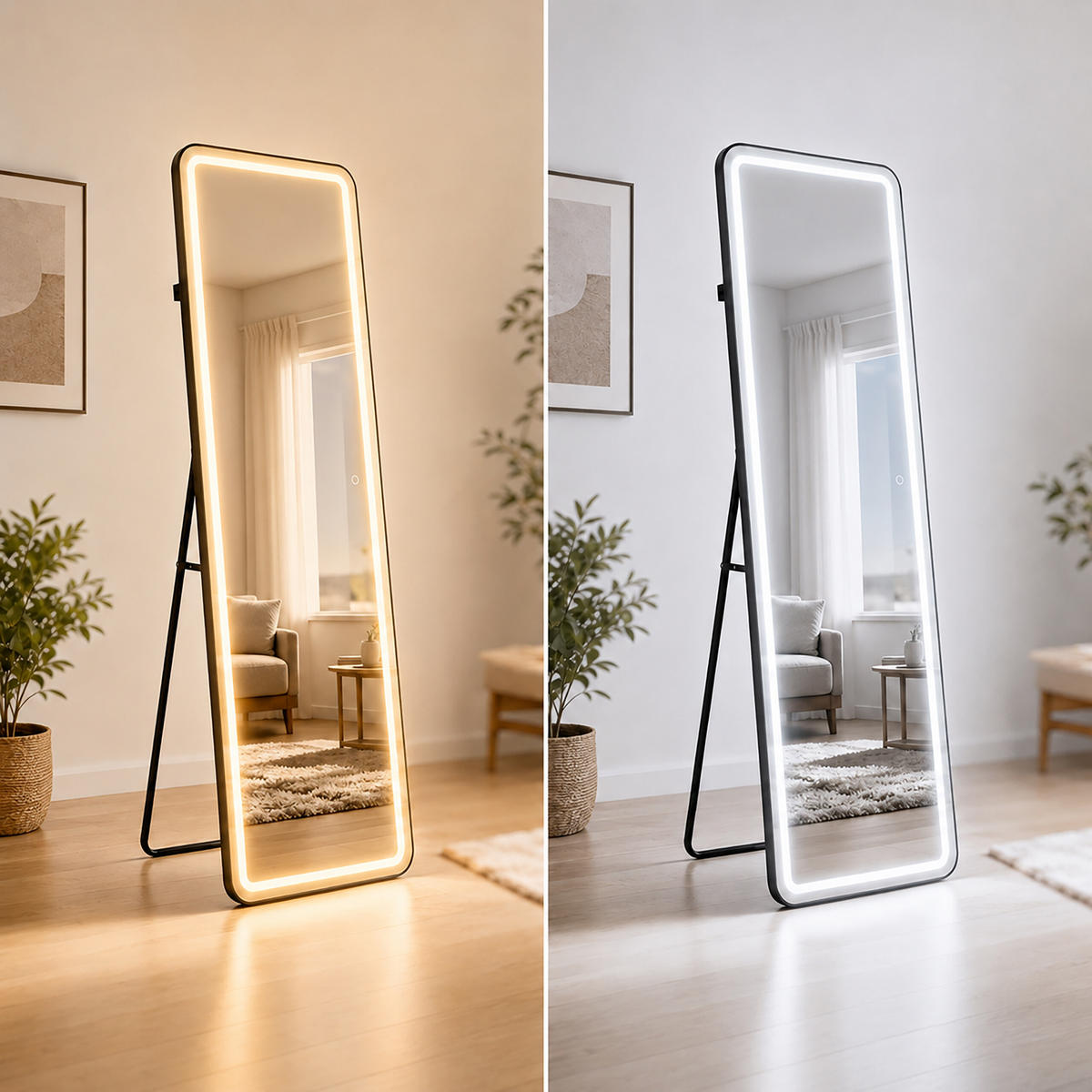 GANZKÖRPERSPIEGEL Schwarz rechteckig LED-Beleuchtung 160x50 cm - Schwarz, Glas/Holzwerkstoff (50/160/4.5cm) - Relaxdays