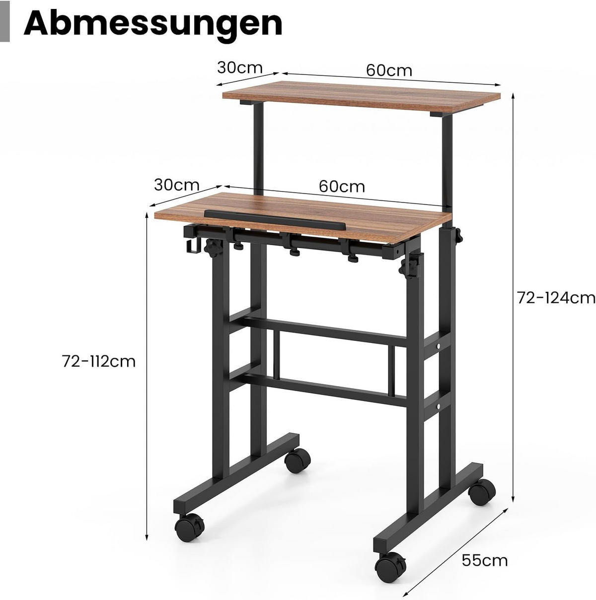 DATORBORD Valnöt - Valnötsfärgad, Träbaserade material (55/60/124cm) - COSTWAY