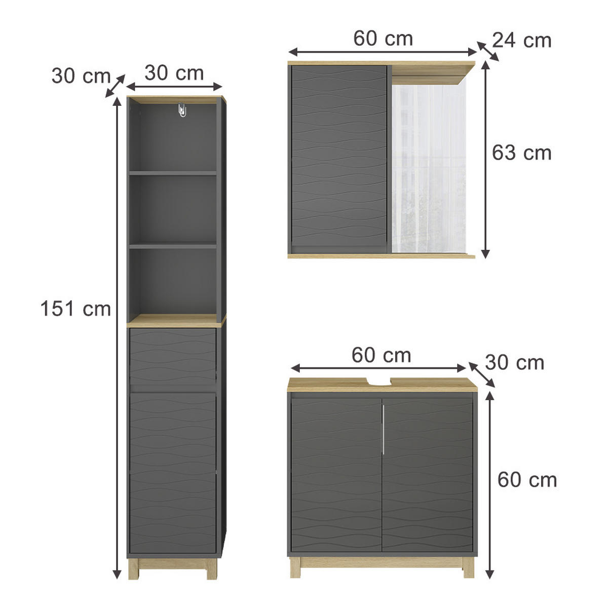 KOUPELNOVÝ NÁBYTEK Livia Antracit/dub - antracitová, kompozitní dřevo (60/60/30cm) - Vicco