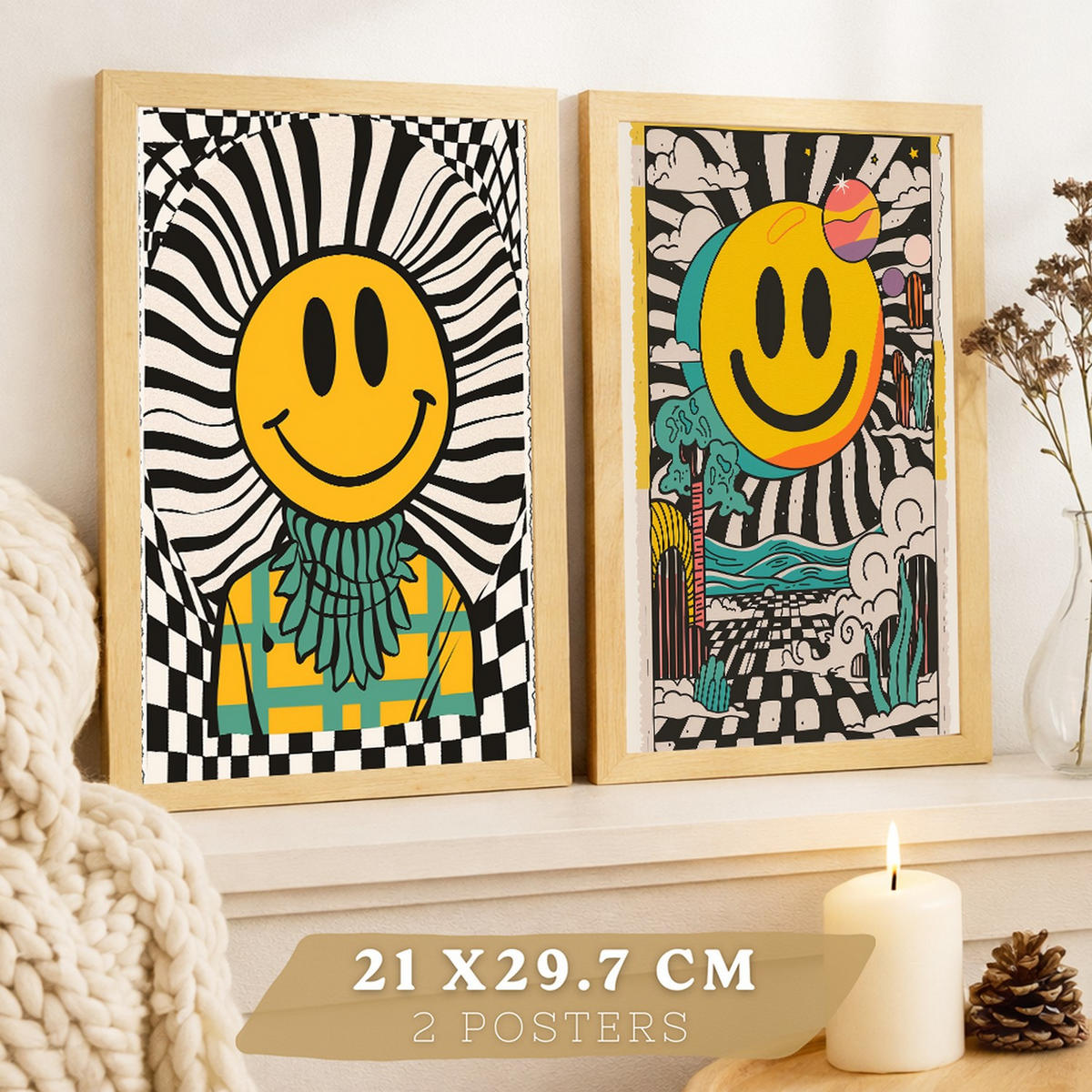 PLAKAT Sada 2 Emoji A4 Lehký dřevěný rám - béžová, papír (29.7/1/21cm) - Nacnic