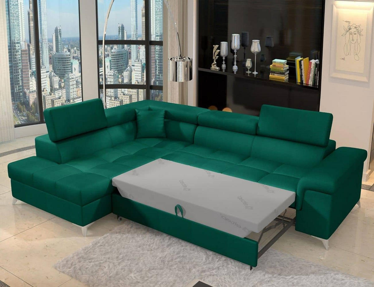 ECKSOFA mit Schlaffunktion und Bettkasten, pflegeleichter Monolith-Stoff - Chromfarben/Dunkelgrün, Textil/Metall (275/202cm) - Eltap