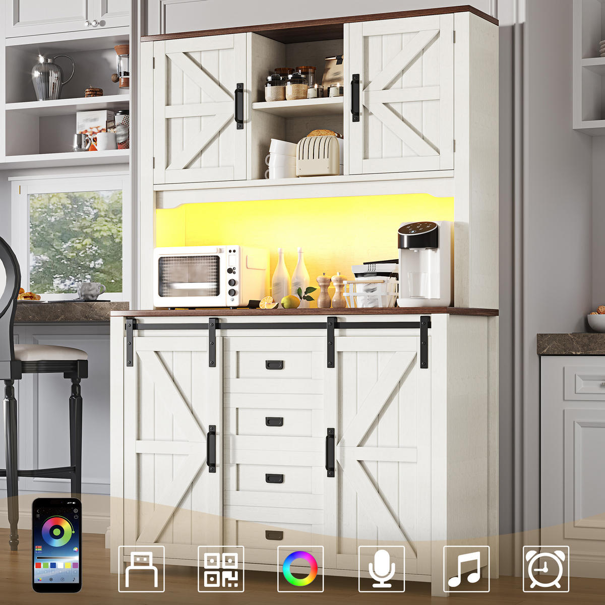 KÜCHENBUFFET mit LED-Beleuchtung und verstellbaren Einlegeböden, 115 x 40 x 174,7 cm, Weiß, MDF und Metall - Weiß, Holzwerkstoff (115/174.7/40cm) - SONNENH