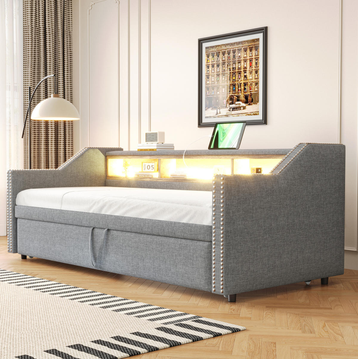 ČALÚNENÁ posteľ 90/180 x 190 cm svetlosivá z ľanovej tkaniny s výsuvným lôžkom, LED a USB - svetlosivá, textil (90/190cm) - OKWISH