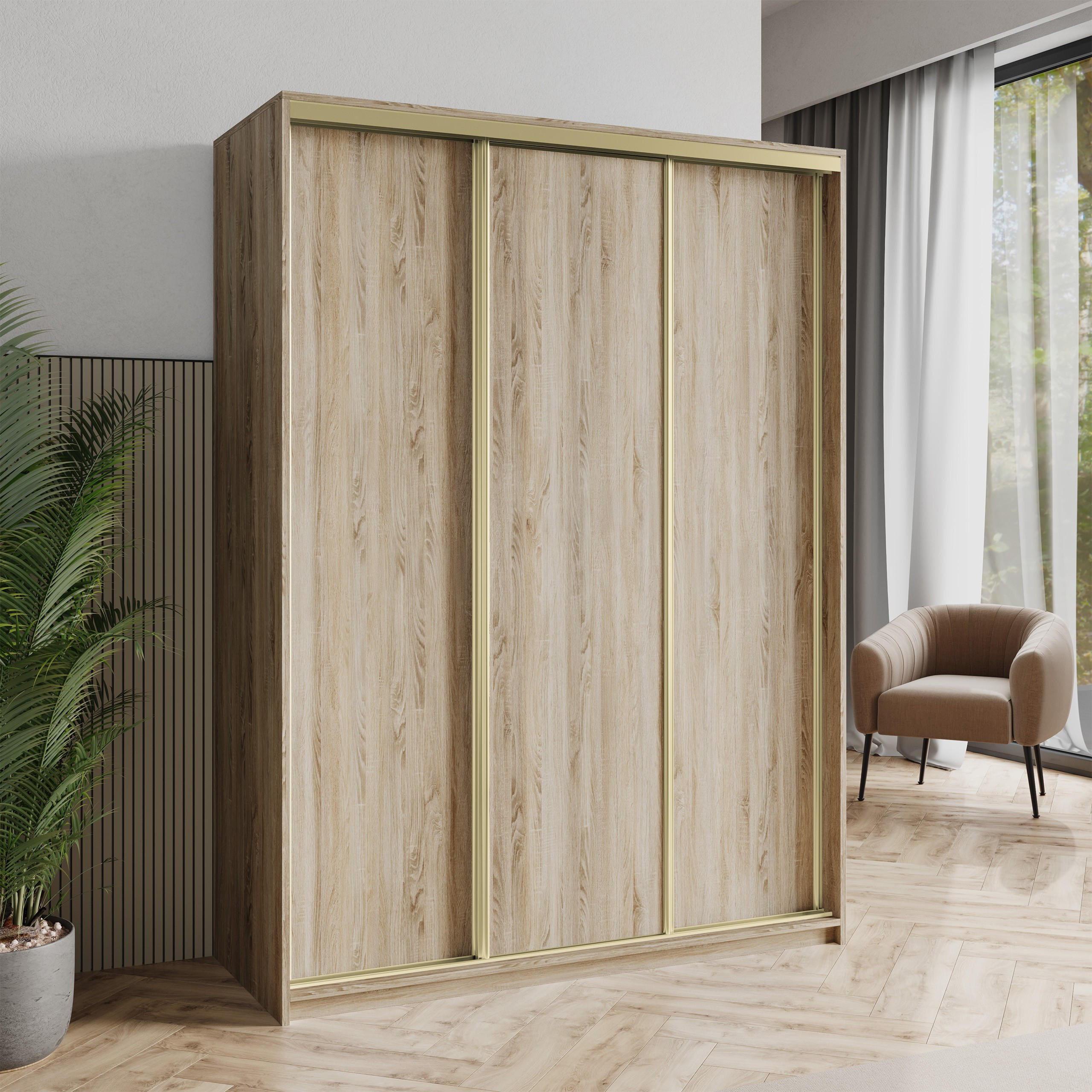 SCHWEBETÜRENSCHRANK NISSE 150/205/60 cm 3-türig Sonoma Eiche - Sonoma Eiche, Holzwerkstoff (150/205/60cm) - MASSENO
