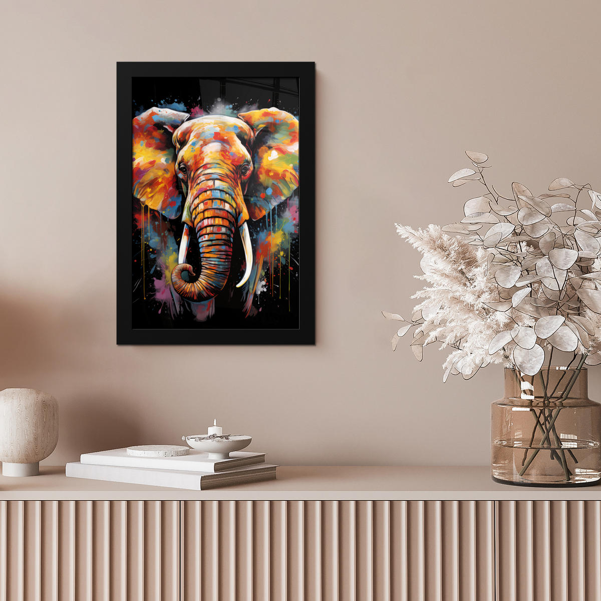 GERAHMTES BILD Elefant - Graffiti - Schwarz - Tiere - Farben 20x30 cm - Schwarz, Papier (20/30cm) - MuchoWow
