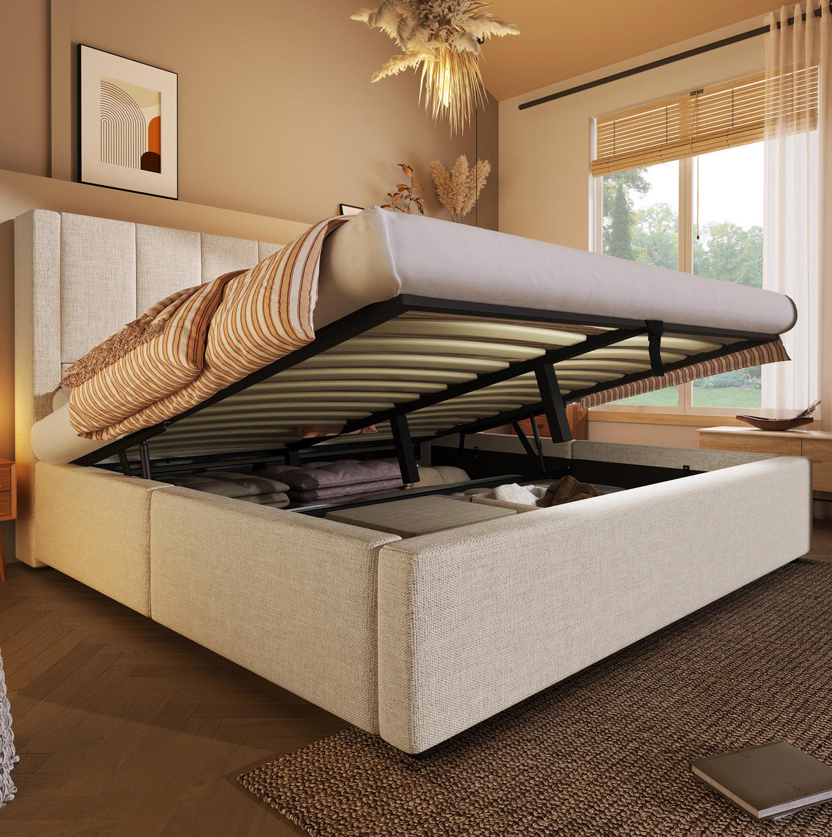 POLSTERBETT mit Stauraum 180x200 cm Leinen Beige mit Ladestation - Beige, Metall (180/200cm) - Meubliv