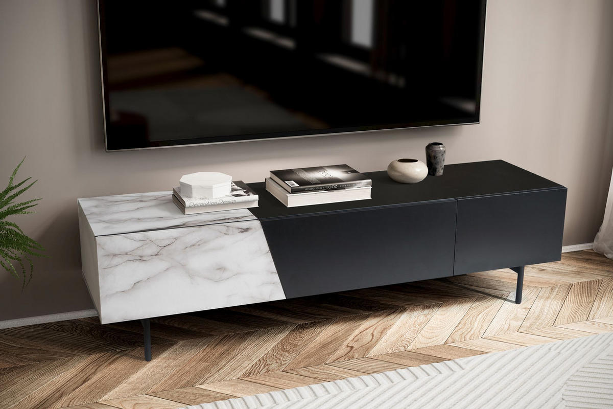 TV-LOWBOARD mit Eiche-Dekor, Türen und Schublade, modern, Weiß-Schwarz 150x40x40 cm - Schwarz/Weiß, Holzwerkstoff/Metall (150/40/40cm) - KADIMA DESIGN