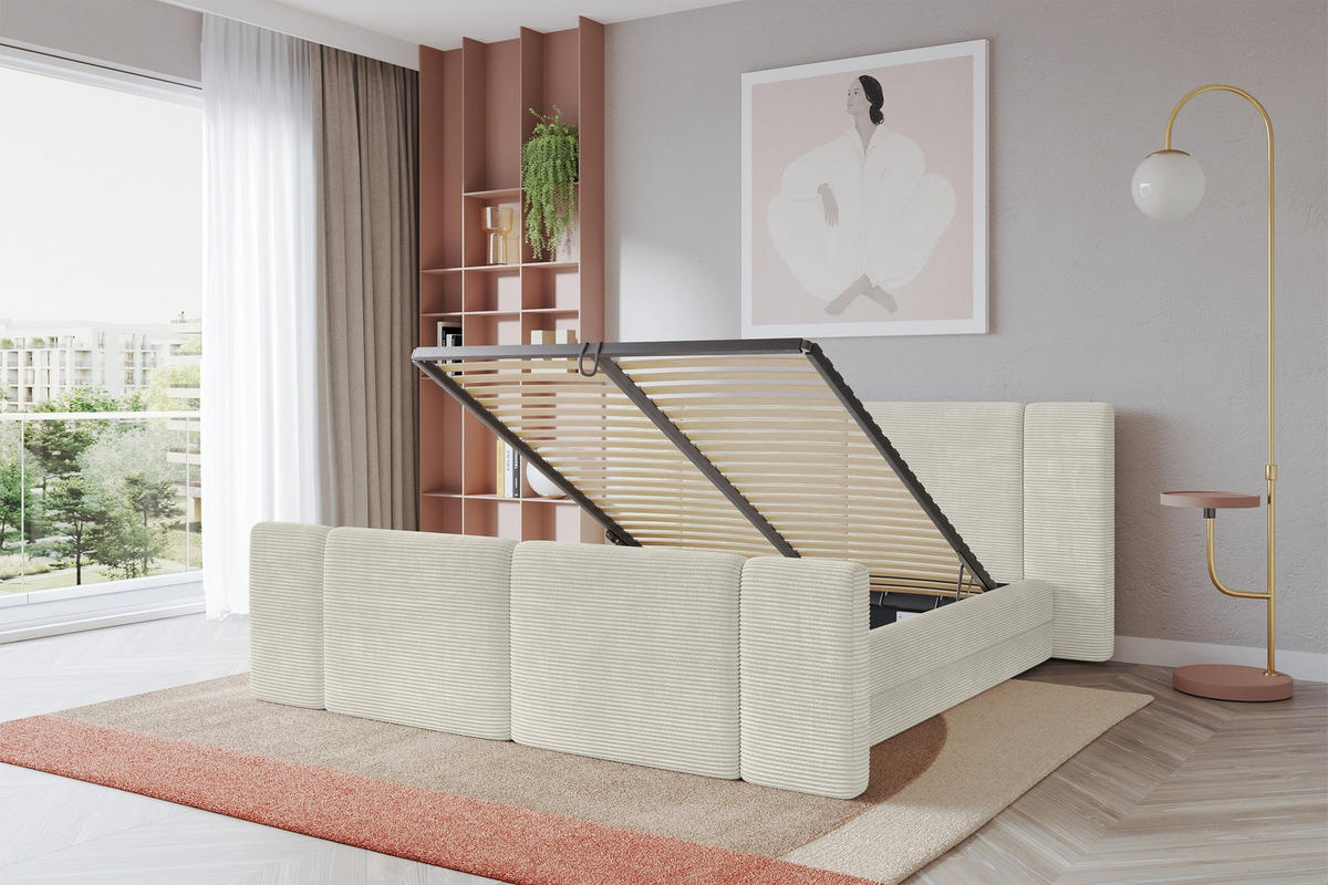 POLSTERBETT mit Bettkasten, Fußteil und Lattenrost, Bett mit Matratze H3/H4 - TEVO-Z 180x200 Creme - Sahara, Holzwerkstoff/Textil (180/200cm) - ALTDECOR