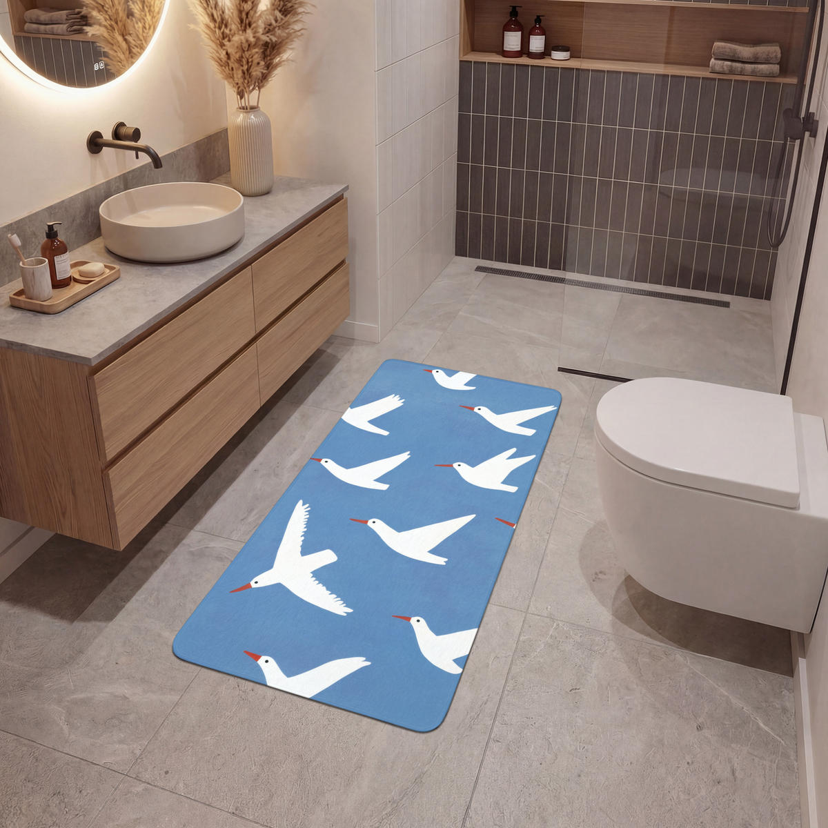 BADEMATTE Vögel - Weiß - Muster 60x120 cm - Blau, Kunststoff/Textil (60/120cm)