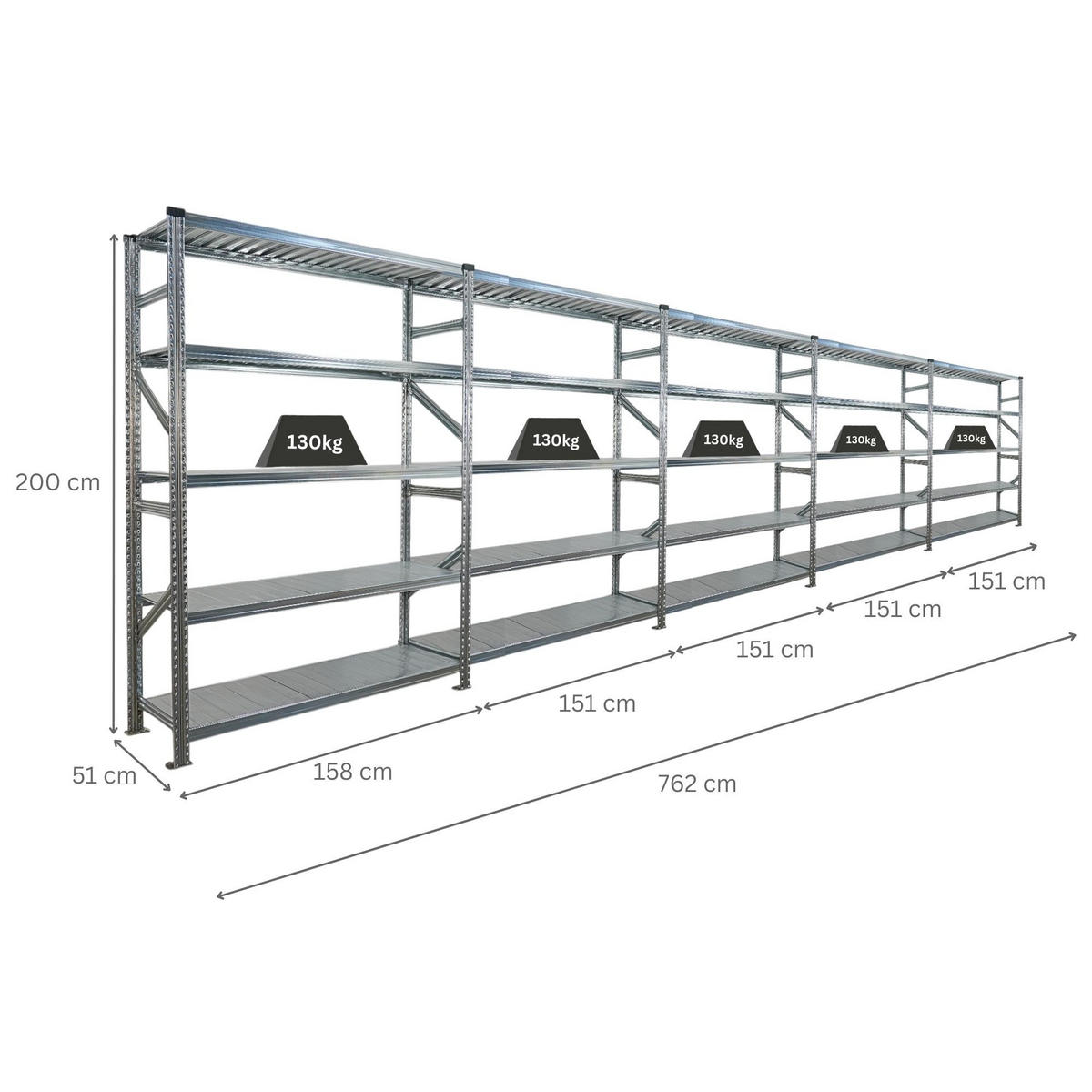 FACHBODENREGAL Proximo Stecksystem 200x750x50cm 5 Ebenen Fachlast 130 kg Beidseitig nutzbar Verzinkt - Silberfarben, Metall (750/200/50cm) - PROREGAL
