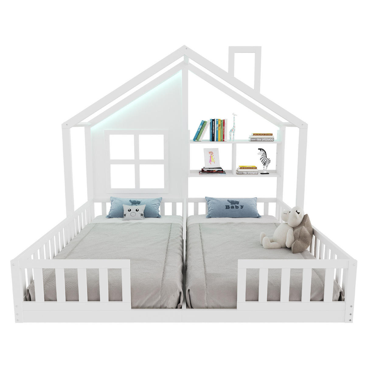 HAUSBETT 90/200 cm weiß aus Massivholz mit LED und Stauraum - Weiß, Holz (90/200cm) - OKWISH