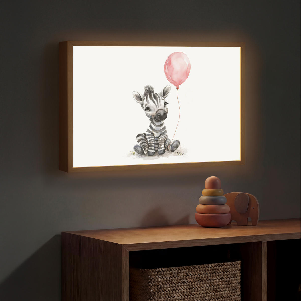 WANDLEUCHTE MIT AKKU Zebra - Baby - Tiere - Rosa Luftballon 60x40 cm - Weiß, Holzwerkstoff (60/40/8cm) - OnlyWow