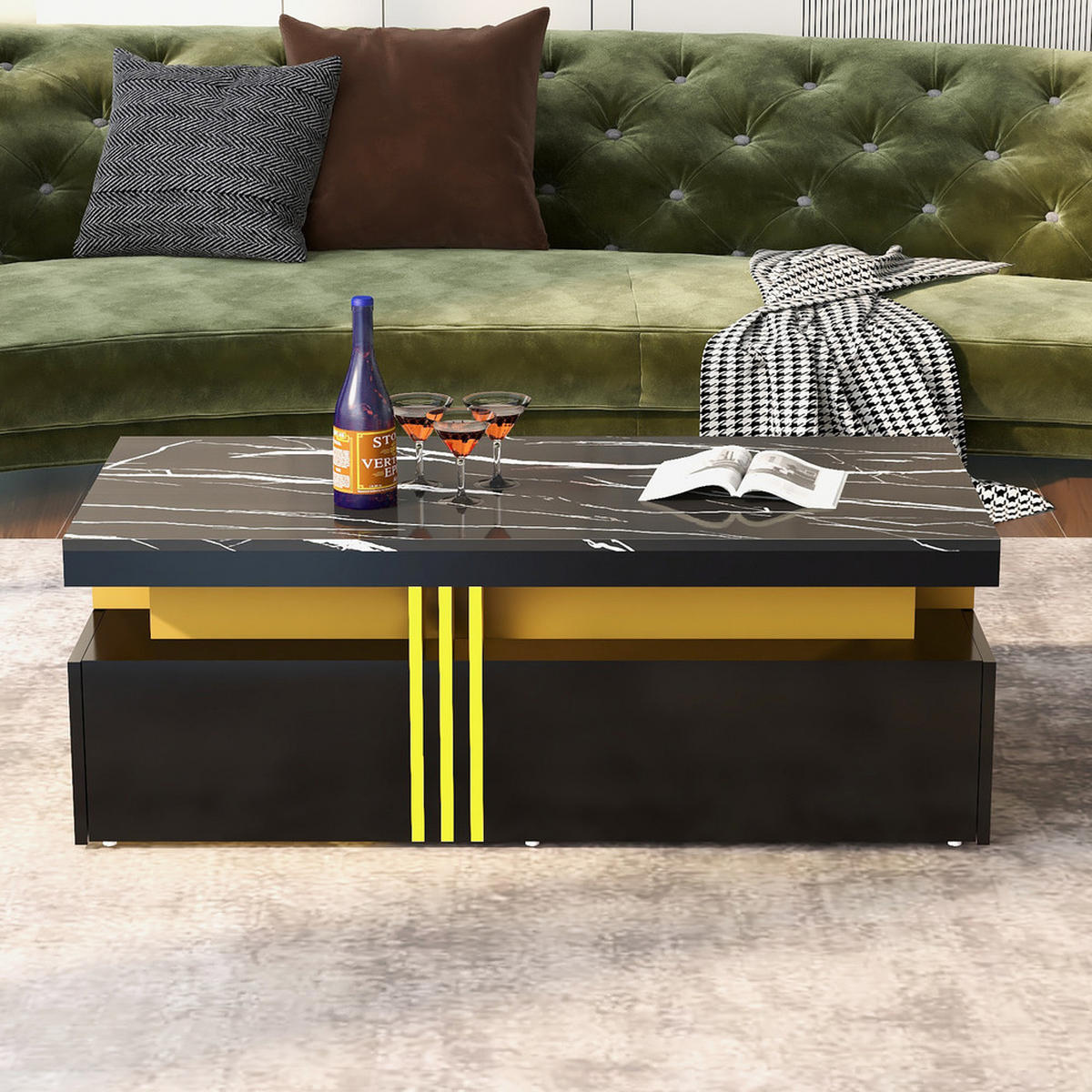 COUCHTISCH 100x50cm Schwarz Hochglanz Marmorplatte 2 Holzschubladen Modern - Schwarz, Holz (109.22/60.71/14.61cm) - FLIEKS