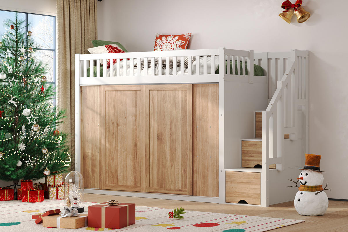 HOCHBETT 90/200 cm in Weiß & Eichefarben mit Kleiderschrank, Treppenschrank und LED Massivholz - Weiß, Holz/Holzwerkstoff (90/200cm) - CHICFURN